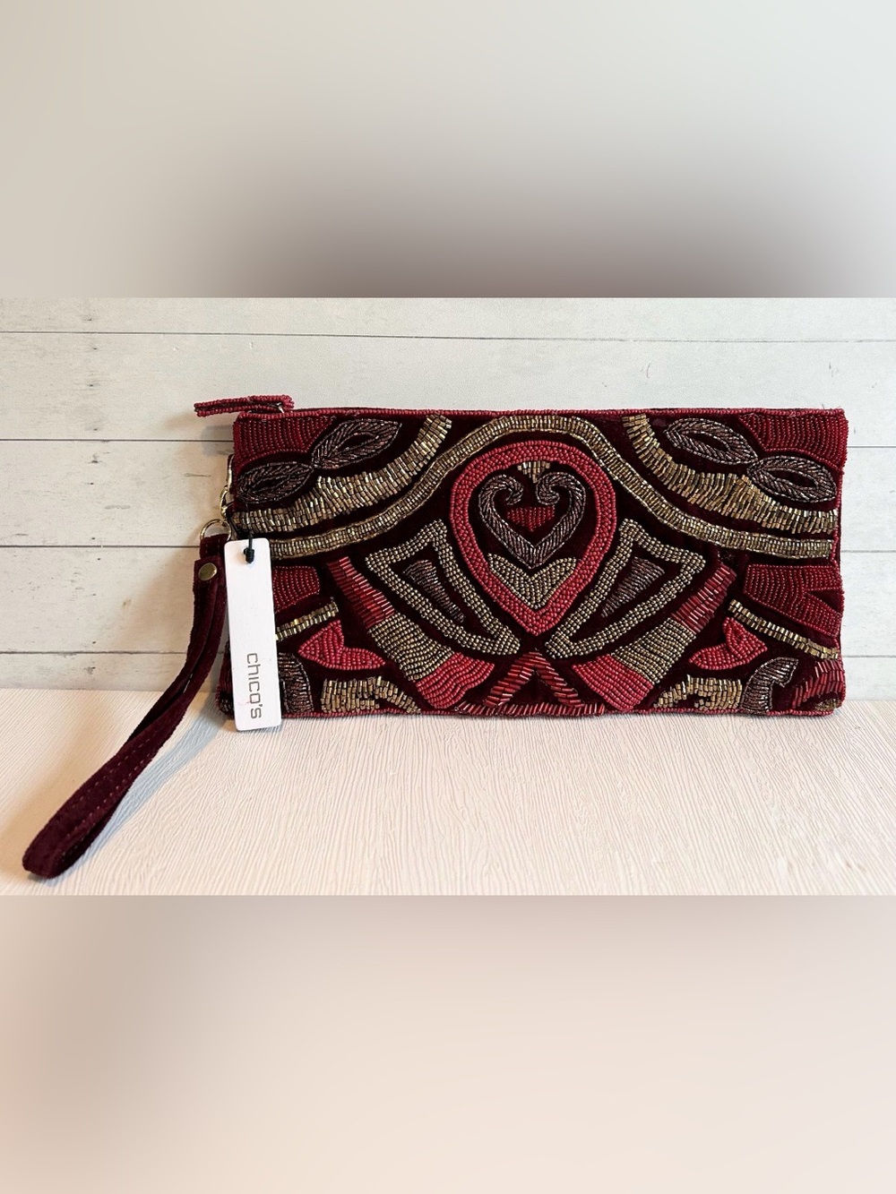 Chicos Beaded Maroon Party Wristlet Clutch + A GIFT 🎁
